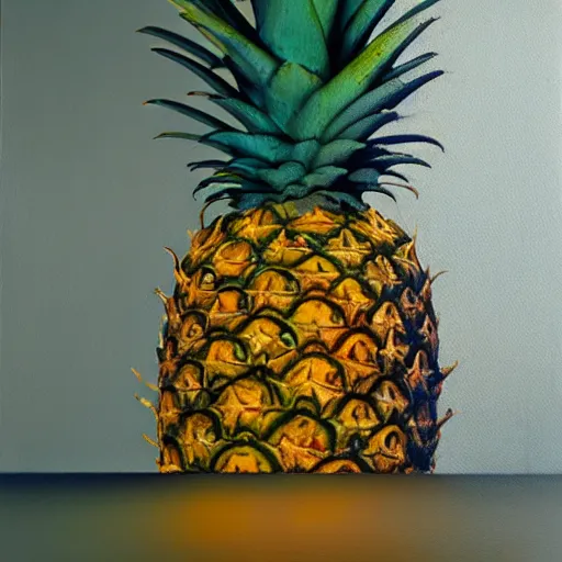 Image similar to A beautiful still life oil painting of a pineapple lying on a silk cloth, fog, volumetric lighting, summer, hyperrealistic, hyperdetailed.