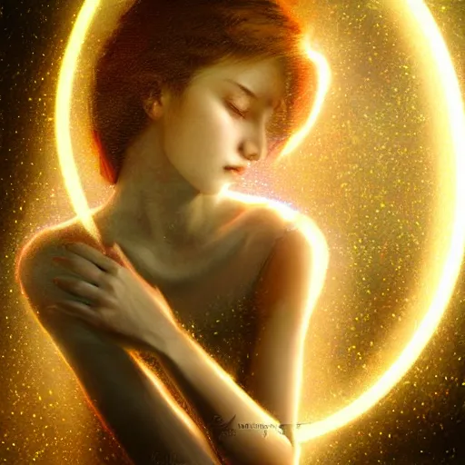 Image similar to Angel in the universe, surrounded by a light circle, glowing, high saturation, cinematic light effect, realistic, adding detail, by Wlop，rococo style, high definition