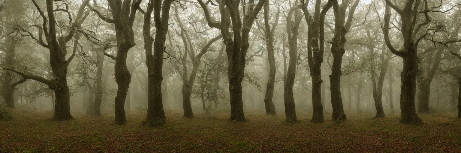 Image similar to an enchanted forest of oak trees, mist and rain