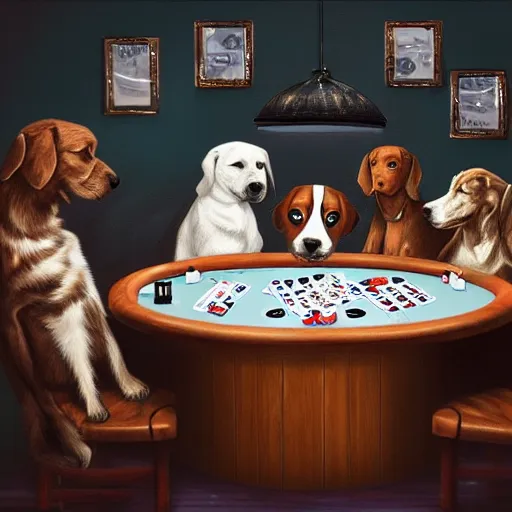 Image similar to dogs playing poker, digital art, artstation, high details