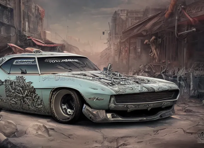 Image similar to cartoon illustration concept art of a muscle car in full intricate detail, ultra detailed, realistic digital art, octane render, 4K, dystopian, micro details