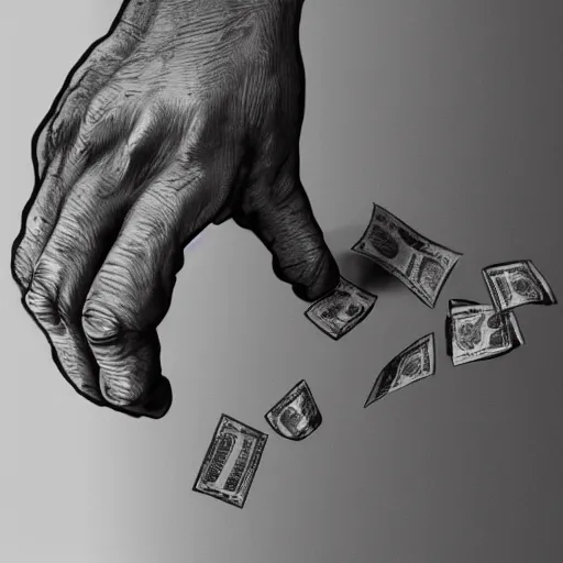 Image similar to a hand breaks a wall. money comes out of the wall. Masterpiece , ultra realistic, ultra detailed, concept art, trending on artstation