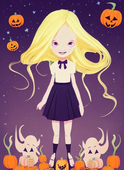 Image similar to three year old girl with long blonde hair in a halloween scene. clean cel shaded vector art. shutterstock. behance hd by lois van baarle, artgerm, helen huang, by makoto shinkai and ilya kuvshinov, rossdraws, illustration, art by ilya kuvshinov