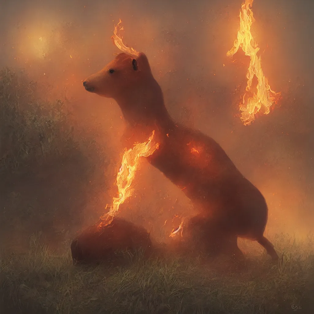 Prompt: only one singular capybara engulfed in flames, wetlands as background, digital oil painting in the style of Tom Bagshaw, Cedric Peyravernay, Peter Mohrbacher