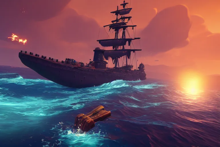 Image similar to gameplay screenshot of a submarine!!! in Sea of Thieves!!!, Unreal Engine