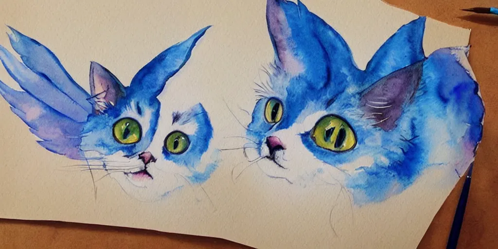 Prompt: watercolor illustration style, flying cute cats with blue wings