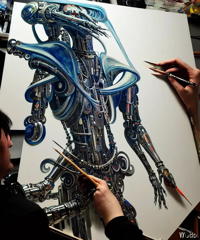 Image similar to photo of futuristic holy futuristic cyborg-robot-painter-artist creating a painting with acrylic paint and brushes in a futuristic artist studio by H.R Giger, by Ayami Kojima, Amano, Tom Bagshaw, Rene Margitte, Ryan Dening ,Hajime Sorayama , Eddie Mendoza , rich deep colors. masterpiece, intricate artwork by Tooth Wu and wlop and beeple, greg rutkowski. still from a 2021 movie by Terrence Malick, Tarkovsky, Gaspar Noe, James Cameron,