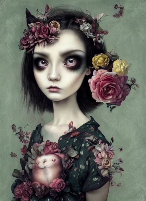 Image similar to pop surrealism, lowbrow art, realistic cute girl painting, japanese street fashion, hyper realism, muted colours, rococo, natalie shau, loreta lux, tom bagshaw, mark ryden, trevor brown style,