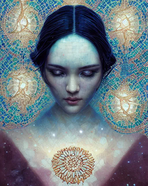 Prompt: tragedy of the mind - driven, silk, fractal crystal, serenity, scarf, ( byzantine mosaics art ) by ilya kuvshinov, greg rutkowski, tom bagshaw, james jean, victo ngai, ryohei hase, thomas kinkade, elegant, masterpiece, award winning