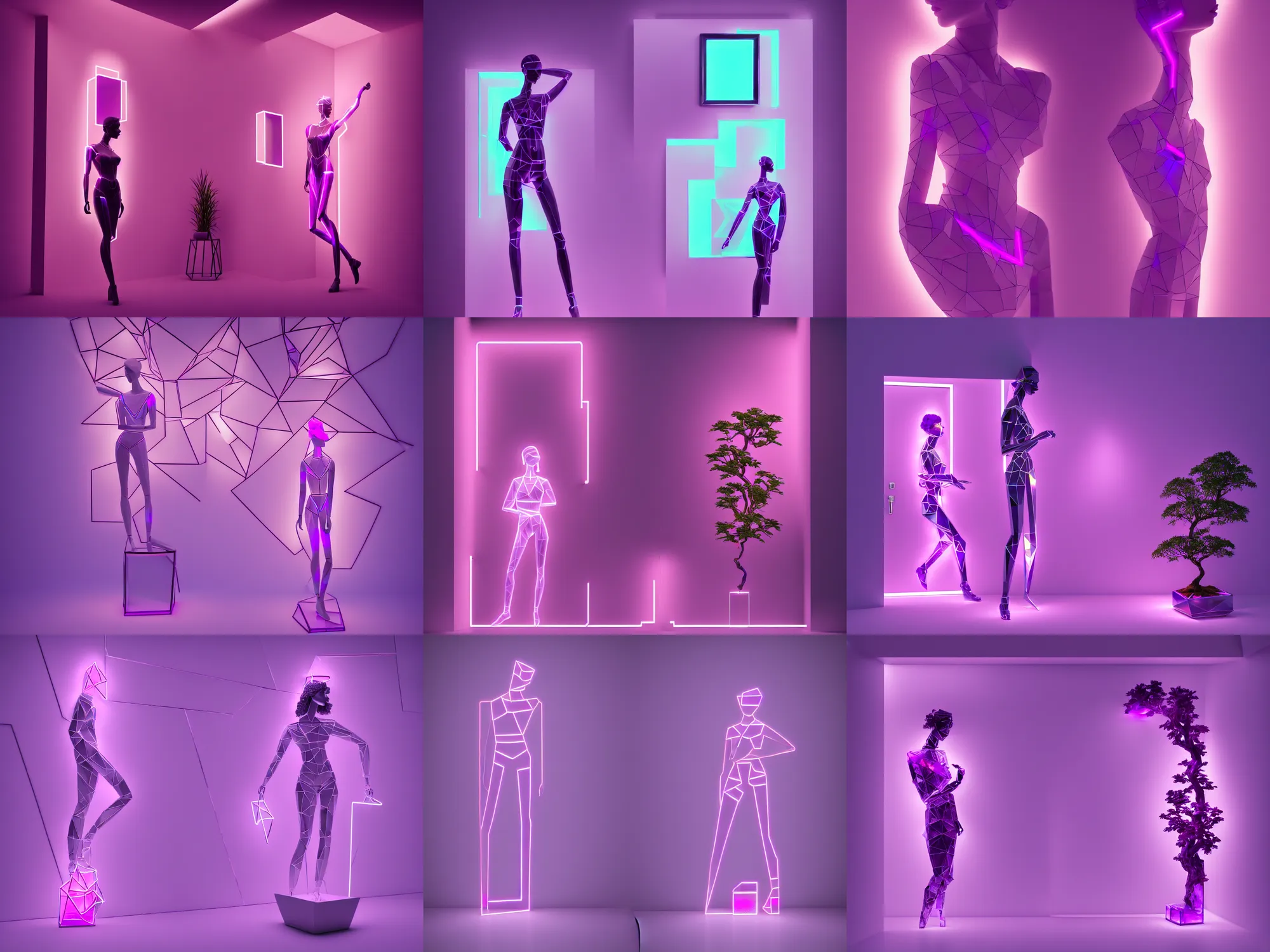 Prompt: beautiful mannequin sculpted out of amethyst by billelis + lit with geometric neon + iridescent geometric cubed bonsai plants!!!!, doorway opening with neon pink geometric light, clean linework, dramatic, finely detailed, rule of thirds, moody, award winning, 4 k, trending on artstation, photorealistic, volumetric lighting, octane render