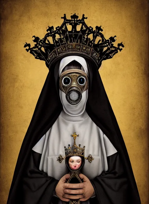 Image similar to highly detailed closeup portrait of a goth medieval nun wearing a crown and a gas mask sitting on a throne, nicoletta ceccoli, mark ryden, lostfish, global illumination, god rays, detailed and intricate environment