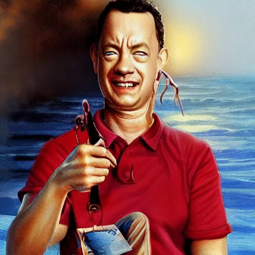 Image similar to tom hanks as forrest gump has shrimps instead of hands, photorealistic, cgsociety, artstation