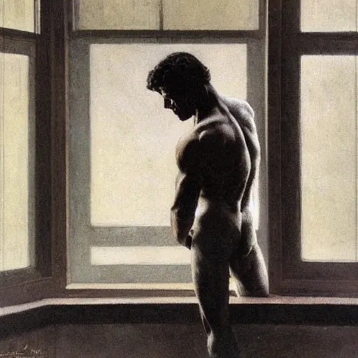 Image similar to a man looking out a window, frank frazetta,