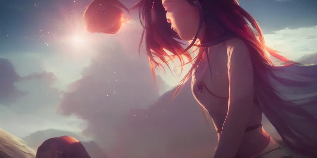 Image similar to Young Tibetan woman, somber white eyes, long, gentle lighting, piloting a small space shuttle, futuristic, dim lighting, digital art by Makoto Shinkai ilya kuvshinov and Wojtek Fus, digital art, concept art,