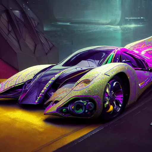 Prompt: cyborg slick colorful supercar : by michal karcz, daniel merriam, victo ngai and guillermo del toro : ornate, dynamic, particulate, intricate, elegant, highly detailed, centered, artstation, smooth, sharp focus, octane render