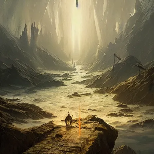 Prompt: a legendary epic landscape resembling the ace of swords tarot card by greg rutkowski, painterly!!, highly detailed