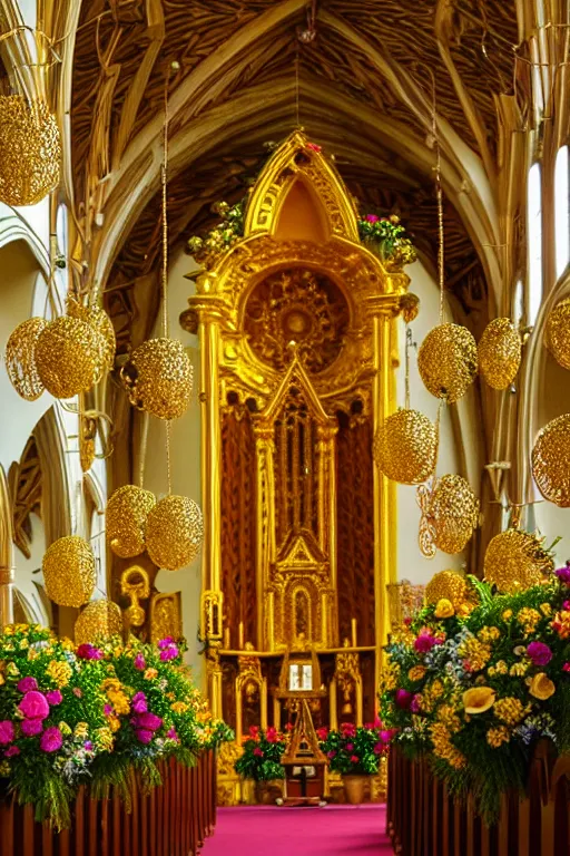 Image similar to photo inside a church full of flowers, golden ornaments highly detailed