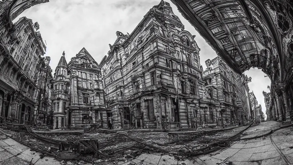 Image similar to victorian era architecture based city, abandoned, crawling with beasts, bloodborne, yarhnam, curved perspective, fisheye effect