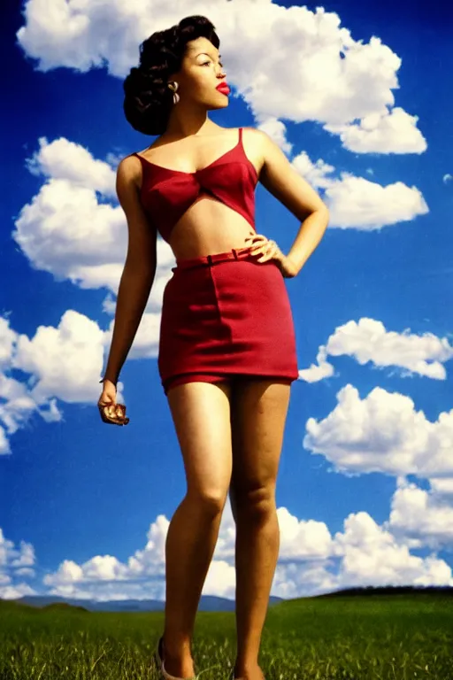 Image similar to full body portrait of megan good in the style of bill medcalf, mario testino, blue sky with a few clouds, retro, 1 9 5 0, 4 k, detailed, 1 / 3 headroom, cinematic rule of thirds