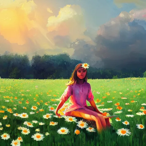 Image similar to giant daisy flower head, girl sitting in a flower field, surreal photography, sunrise, dramatic light, impressionist painting, colorful clouds, digital painting, artstation, simon stalenhag