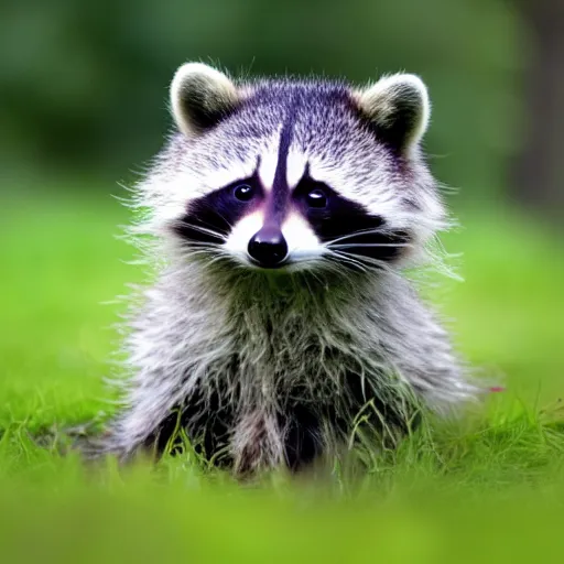 Prompt: A small fluffy raccoon, sitting in a grassy green field, slightly to the left. Desktop background.