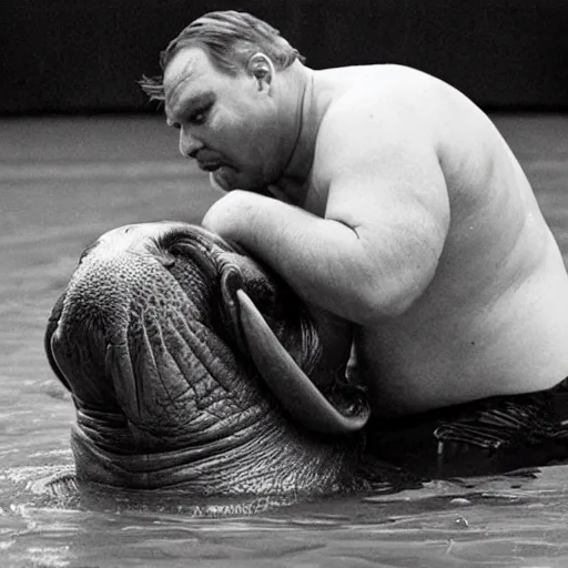 Prompt: phil hawkins, a small man, wrestles a huge walrus