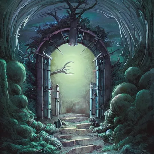 Prompt: gate portal with another world visible inside style studio ghibli and Gerald Brom, dreamy, mystical, dark