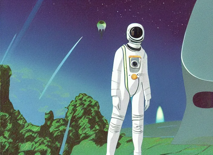 Image similar to a portrait of Alain Delon pilot in spacesuit posing on field forrest spaceship station landing laying lake artillery outer worlds shadows in FANTASTIC PLANET La planète sauvage animation by René Laloux