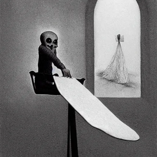 Image similar to a ghost ironing on an ironing board, art by beksinski, bernie wrightson, junji ito, trending on artstation, optical illusion, horror film, creepypasta