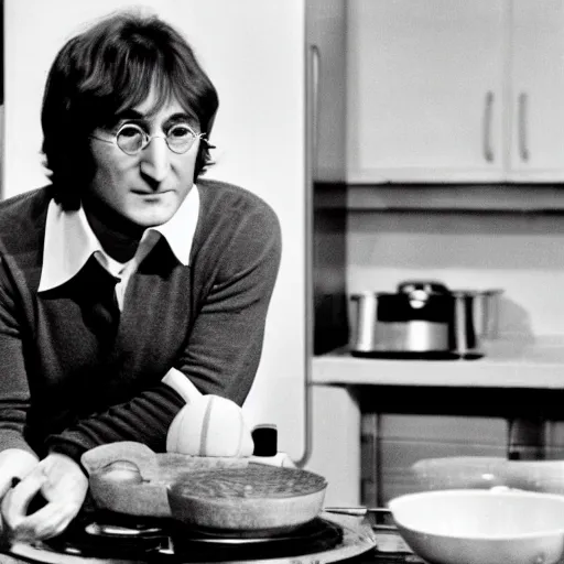 Image similar to a professional photo of john lennon in 1 9 6 4 on a cooking tv show, monochrome, f / 1. 4, 9 0 mm