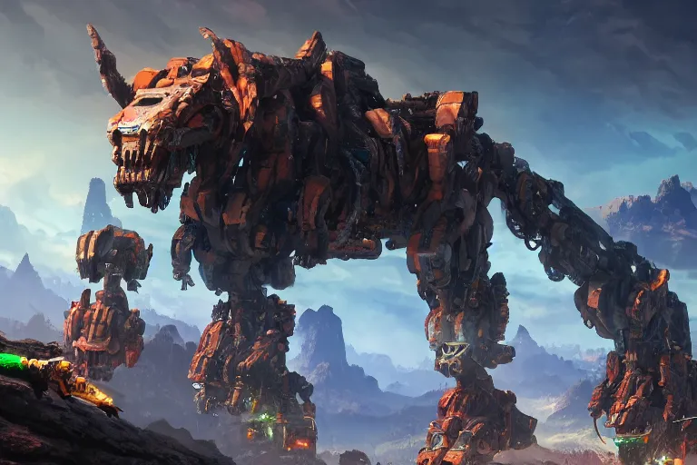 Image similar to tremortusk machine mecha animal beast robot of horizon forbidden west horizon zero dawn bioluminiscence global illumination ray tracing hdr fanart arstation by sung choi and eric pfeiffer and gabriel garza and casper konefal