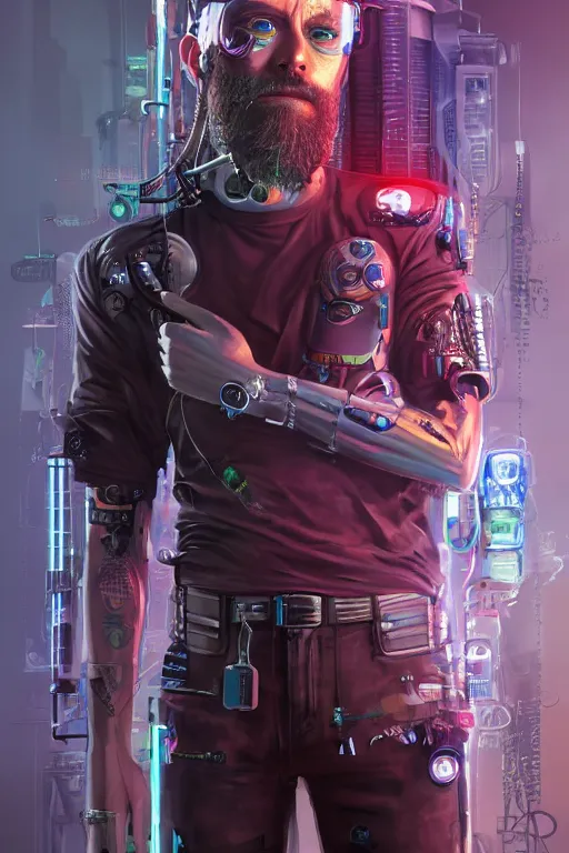 Prompt: a full body illustration of an male cyberpunk character wearing bionic implants, criminal mugshot, long hair, bearded, highly detailed, oil on canvas, soft lighting, neon pastel colors, by WLOP and Greg Staples, HD, 4K