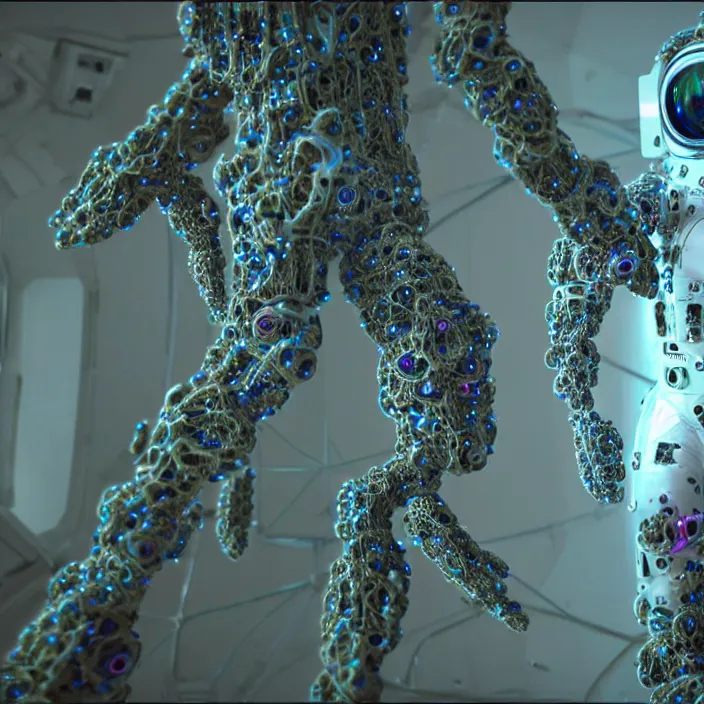 Image similar to a cybernetic symbiosis of a single astronaut mech-organic eva suit made of pearlescent wearing knitted shiny ceramic multi colored yarn thread infected with diamond 3d fractal lace iridescent bubble 3d skin dotted covered with orb stalks of insectoid compound eye camera lenses floats through the living room, film still from the movie directed by Denis Villeneuve with art direction by Salvador Dalí, wide lens,kevlar,carbon fiber,ceramics,gaseous materials,