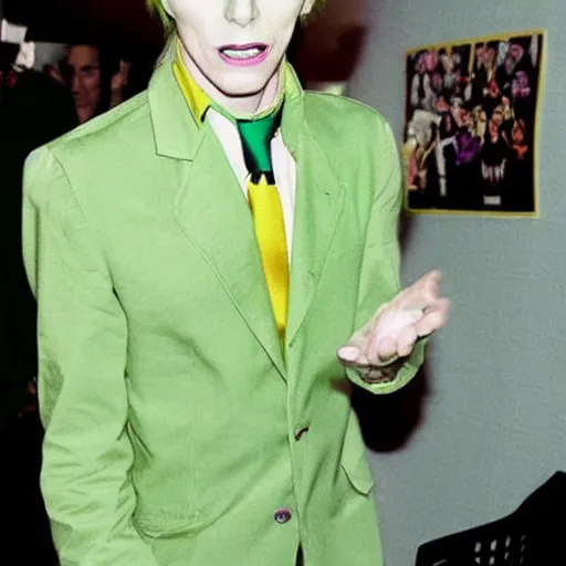 Prompt: a photo of blond david bowie in purple jacket and light-green shirt in style of Kira Yoshikage