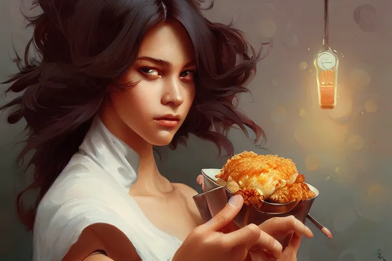 Image similar to kfc chicken, portrait, elegant, intricate, digital painting, artstation, concept art, smooth, sharp focus, illustration, art by artgerm and greg rutkowski and alphonse mucha