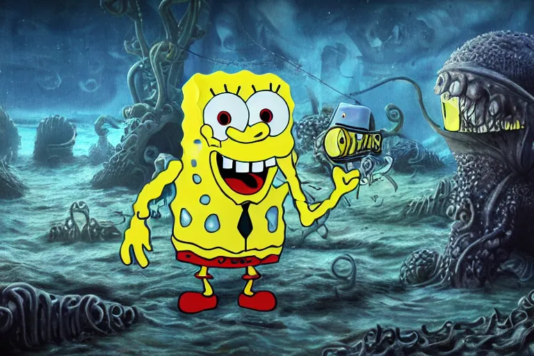 Image similar to Spongebob Cthulhu the world eater, photorealistic still from Alien Planet