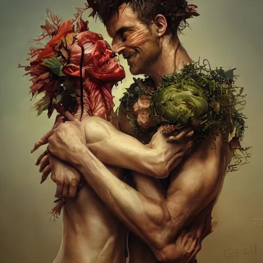 Image similar to two bodies entwined by arcimboldo, greg rutkowski, trending on artstation