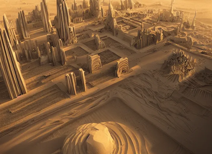 Image similar to cover concept art of the lost sand city, levitating sand, golden towers, golden pillars, palm trees, space and time, floating objects, post-processing, in the style of Hugh Ferriss, Behance, Artgerm. High detail, ultra realistic render, octane, 3D, photorealism, symmetric, cinematic