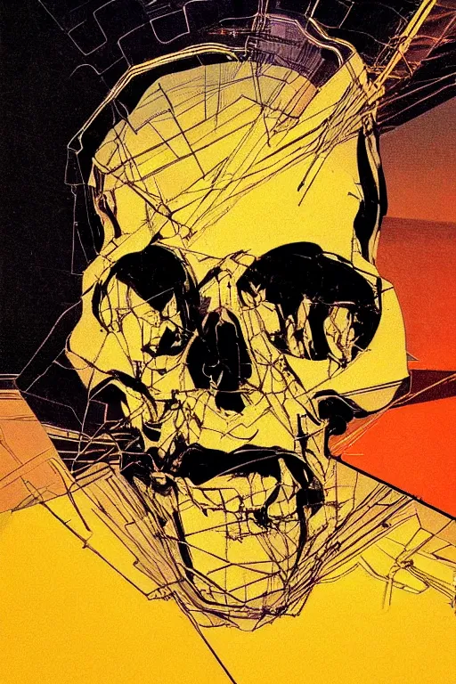 Image similar to wideangle, a portrait of a shattered skull, lost in tensor fields, madness, decoherence, synthwave, glitch!!, fracture, realistic, hyperdetailed, concept art, golden hour, art by syd mead, cubism