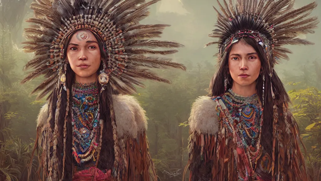 Prompt: highly detailed portrait of a n indigenous woman, feathered headdress, traditional clothing, unreal engine, fantasy art by greg rutkowski, ferdinand knab, makoto shinkai and lois van baarle, ilya kuvshinov, rossdraws, tom bagshaw, global illumination, radiant light, detailed and intricate environment