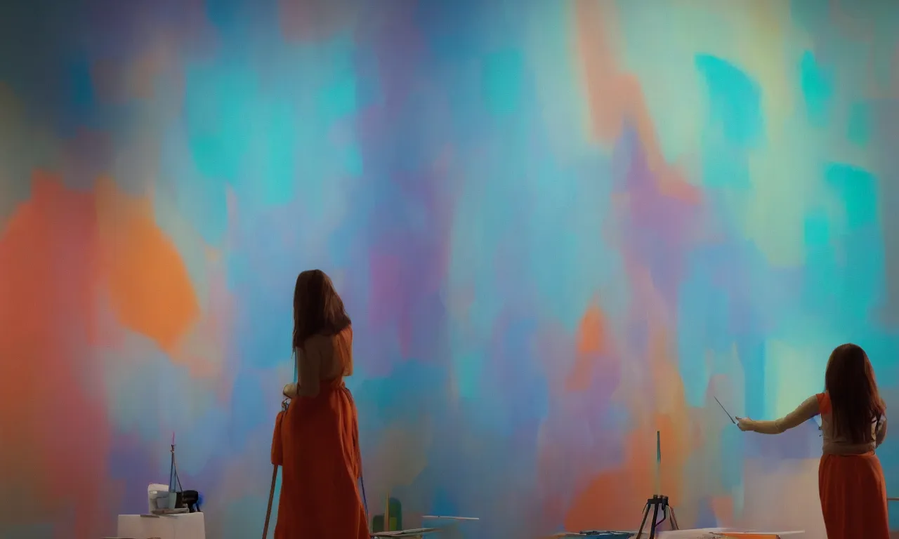 Prompt: digital painting of a lady in an art studio, looking at a big painting on a wall, soft teal and orange colored wall, beautiful volumetric lighting, artstation