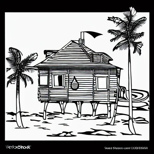 Image similar to imaginative drawing of a beach house, black ink outline, cel - shading