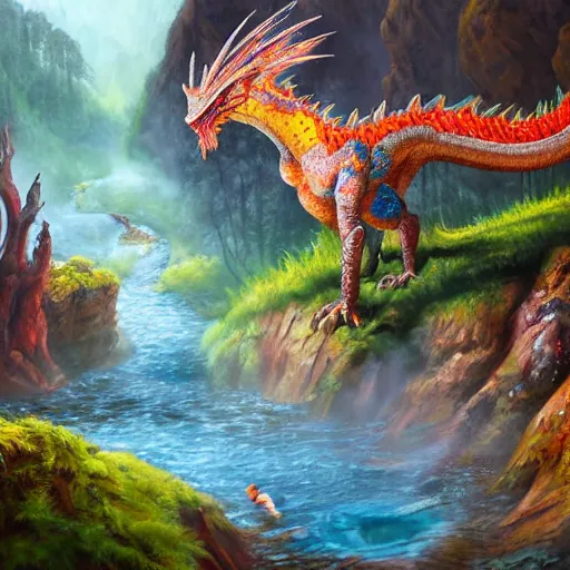 Prompt: highly detailed oil painting of a western dragon emerging from a colorful woodland hotspring, fantasy, featured on artstation