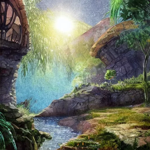 Image similar to beautiful happy picturesque charming sci - fi organic homes in a beautiful natural scene. water, trees and rocks. beautiful light. grainy and rough. soft colour scheme. beautiful artistic detailed watercolor by lurid. ( 2 0 2 2 )