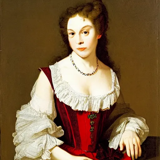 Prompt: portrait of a 40 years old women, dark red hair, green eyes, in medieval clothing, painting by Rosalba Carriera, Anton Mengs, Thomas Gainsborough, Élisabeth Vigée-Lebrun