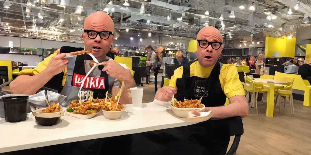Prompt: Harry hill eating loaded fries in ikea