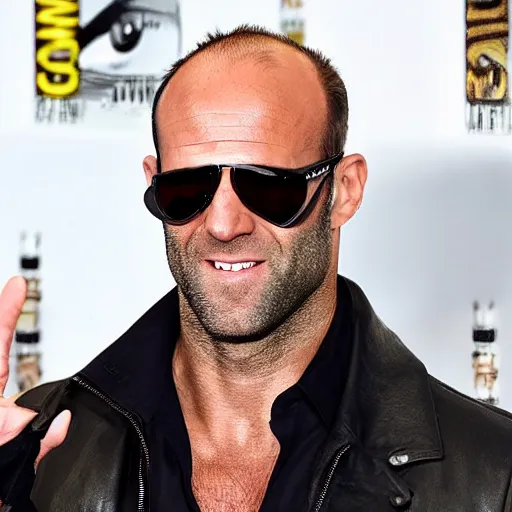 Image similar to jason statham in a pirate hat with an eye patch grinning after just rick rolling an entire group