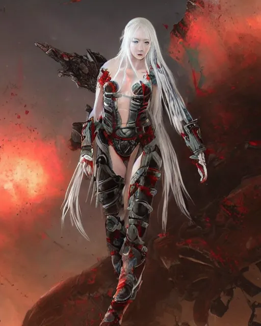 Prompt: lee jin - eun with white long hair in high - end damaged battle suit emerging from pool of blood in god of war 4 game set in ancient italy by peter andrew jones and conrad roset, rule of thirds, seductive look, beautiful