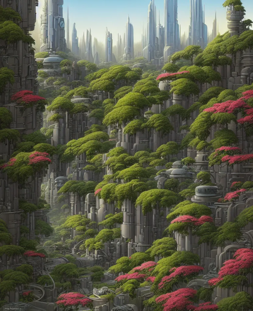 Image similar to reclaimed by nature by ralph mcquarrie inspired cityscape, highly detailed, flowers