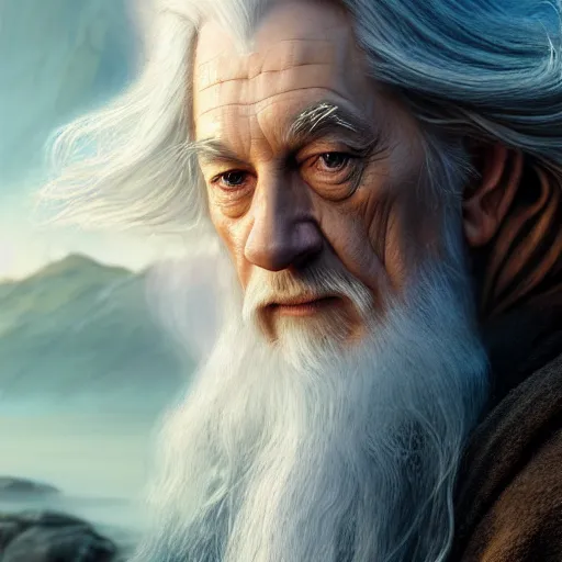 Image similar to selfie of gandalf, fine detailed face, long curly hair, stunning 3 d render inspired art by greg rutkowski and xiang duan and thomas eakes, realistic, highly detailed attributes and atmosphere, dim volumetric cinematic lighting, 8 k octane detailed render, post - processing, masterpiece, golden hour, soft focus